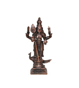 Copper Kartikeya Murugan decorative murti, front view with raised four arms, square base