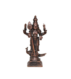 Copper Kartikeya Murugan decorative murti, front view with raised four arms, square base
