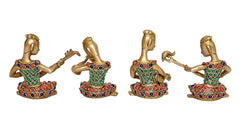 Brass musicians band set of 4, four seated lady figurines in brass with multicolor stonework