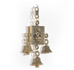 Saraswati wall hanging with embossed square deity plaque, hanging bells, and loop top
