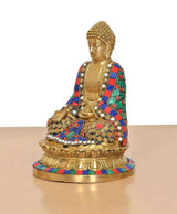 Brass Buddha statue, side view; Dhyan Mudra pose, multicolour robe with gold accents