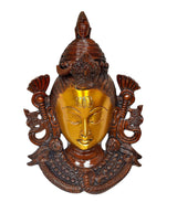 Brass Shiva head wall hanging mask with gold face, closed eyes, ornate bronze crown