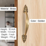 Golden brass door pulls pair, height 10 inch, decorative escutcheon plates