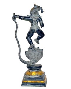Krishna on Kaliya Naag brass statue, back/side view, detailed serpent around base