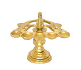 Brass peacock aarti diya oil lamp, top view with five bowl cups around the center wick