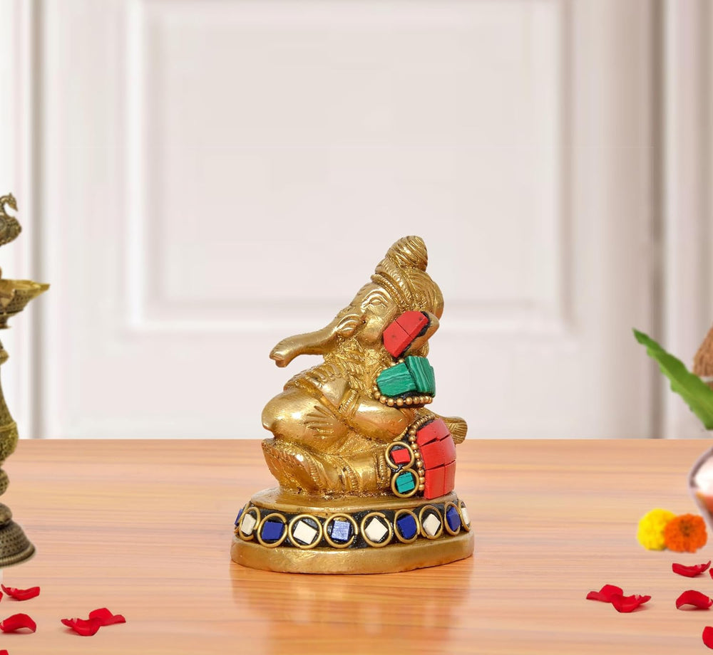 Brass Ganesha Statue Blowing The Conch Shell (Height: 3 inch)