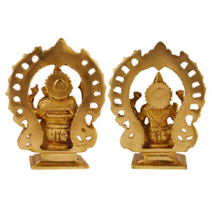 Brass Lakshmi-Ganesh sitting idols, rear view with decorative halo arches
