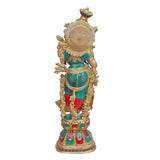 Brass Radha-Krishna figurine, rear view with gold halo and teal-red garments
