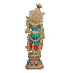 Brass Radha-Krishna figurine, rear view with gold halo and teal-red garments