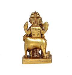 Back view of brass Trimurti idol statue, seated on rectangular base, 3 inch