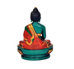 Resin Buddha idol statue back view, dark topknot and red robe on teal round base