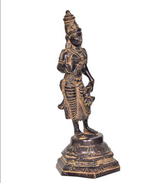 Antique brass Devi Uma Parvati statue, reverse angle with decorative torso and pedestal base.