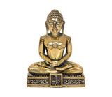 Messing-Jain-Idolfigur, Frontalansicht: sitzender Jina mit Meditationshaltung, goldfarben