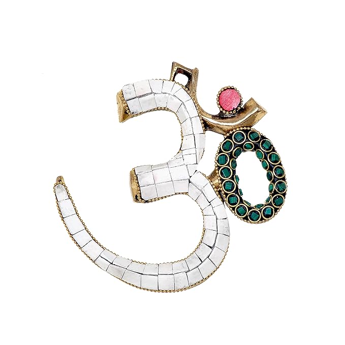 Brass OM wall hanging sculpture with white mosaic tiles and turquoise/pink accents