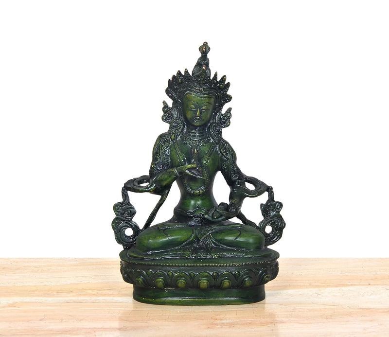 Brass Sitting Tara Devi Statue Tibetan Buddhist Deity (Height 9 Inch)