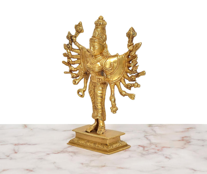 Brass Chamundeshwari Devi Standing with Eighteen Hands Idol (Height :8 inch)