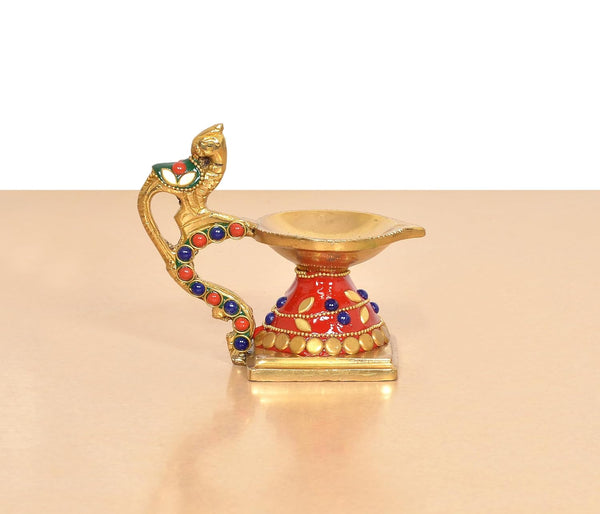 Brass Peacock Diya with Hanging Bell Traditional Oil Lamp (Height 4 Inch) (Red) Entryway Setting