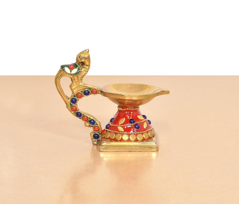 Brass Peacock Diya with Hanging Bell Traditional Oil Lamp (Height 4 Inch) (Red)