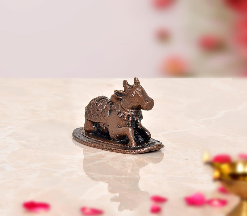 Copper Nandi Cow Statue Idol Murti On Base Decorative Item for Home | Height : 1 Inch