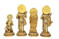 Back views of brass Ram Darbar statue idols on base, detailed headgear and drape
