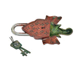 Back view of brass Ganesha face padlock with engraved red plate and arched ring