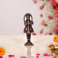 Copper Hanuman statue standing, hands joined in prayer, detailed base