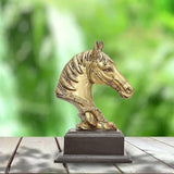 Gold-tone polyresin horse head statue with dark wooden base, side view