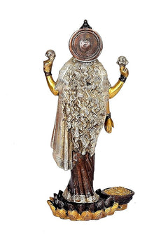 Back view of brass Maa Lakshmi idol statue with textured dress and halo headpiece