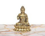 Brass seated Buddha idol in Abhaya mudra, ornate jeweled crown, front view
