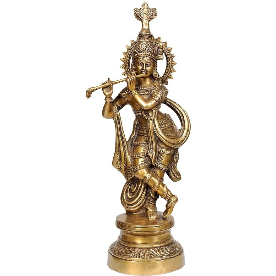 Krishna idol statue, gold-plated flute, standing pose on round brass base