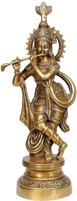 Krishna idol statue facing view, flute raised, detailed crown and armor, brass