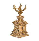 Brass Tulsi plant idol, side view with square mandir-style base and seated figures, 6 inch