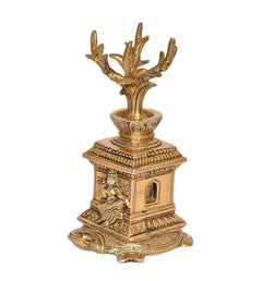 Brass Tulsi plant idol, side view with square mandir-style base and seated figures, 6 inch
