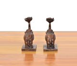 Copper elephant figurines set of 2, rear view with lotus-like crown and pedestal