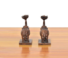 Copper elephant figurines set of 2, rear view with lotus-like crown and pedestal