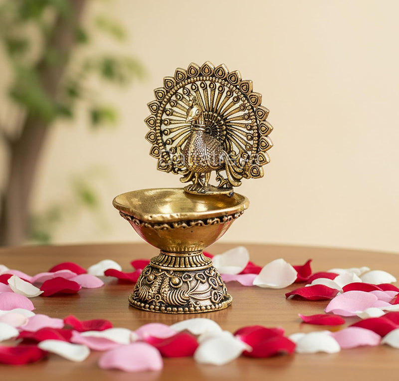 Bronze Oil Lamp On Peacock Showpiece (Height: 3 Inch)