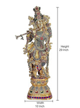 Brass Radha Krishna statue with dimensions shown: height 29 inch, width 10 inch