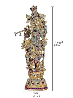 Brass Radha Krishna statue with dimensions shown: height 29 inch, width 10 inch