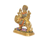 Brass Durga Maa with lion idol figurine, jeweled crown and multicolour beaded chest