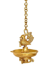 Brass hanging peacock deepam oil lamp with bird motifs and round diya bowl on chain
