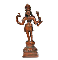 Brass Lord Shiva idol back/side angle, four arms, detailed ornaments, on round base