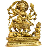 Brass Durga Maa statue riding a lion, holding a trident, golden finish