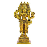 Brass Brahma statue idol with four arms, ornate headdress, raised palms, base pedestal
