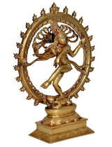 Angled brass Nataraja Shiva idol statue in dancing pose within circular frame