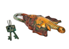 Side view of Ganesha face brass padlock with multicolored body, arched ring