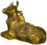 Brass Nandi statue, 7 inch, side view with patterned saddle and accessories