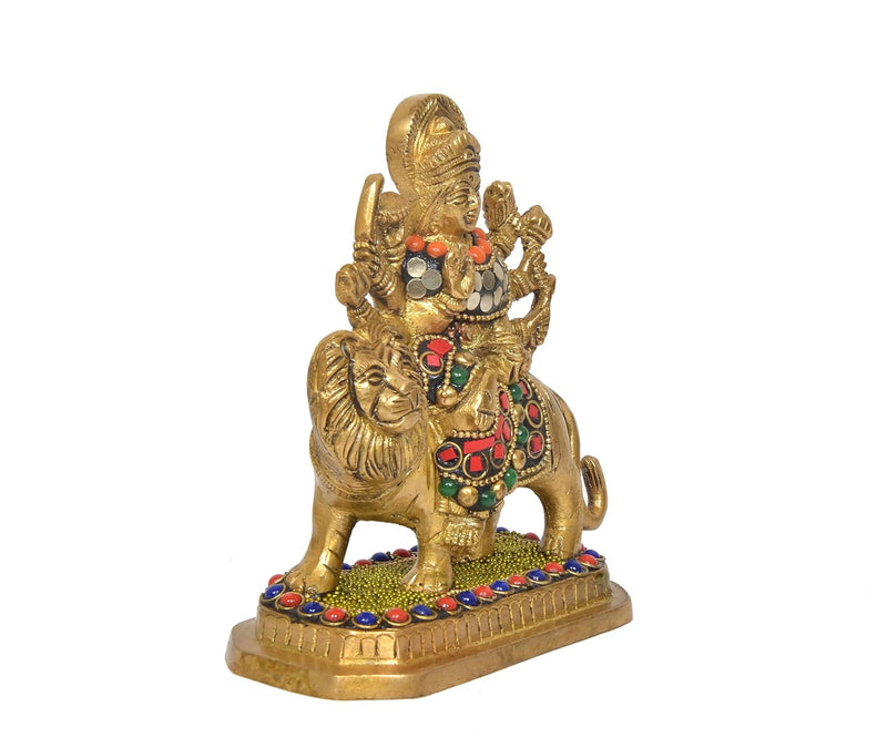 Brass Durga Maa with Lion Idol – Sherawali Mata Rani Statue for Home Temple Décor & Pooja Figurine multicolour 2 (Height :6 Inches)