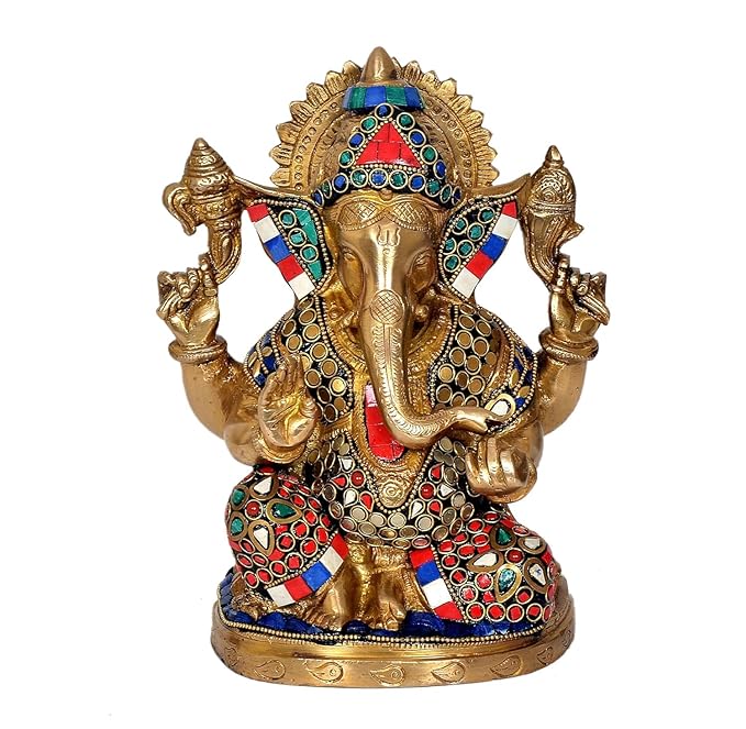 Brass Ganesha statue idol with jeweled crown, raised hands and colorful detailing