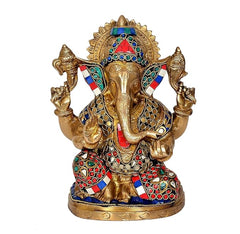 Brass Ganesha statue idol with jeweled crown, raised hands and colorful detailing