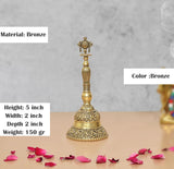 Bronze pooja bell ghanti with Sudarshan Chakra finial, 5 inch height
